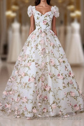 White V Neck 3D Flowers Long Evening Prom Dresses, White Evening Prom Dresses